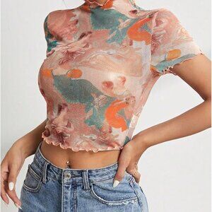 Angel Print Sheer Mesh Crop Top